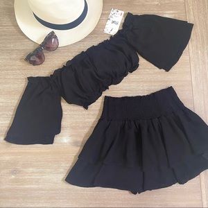 Isla Posh Summer Set Mini Skirt Off Shoulder Top in Black